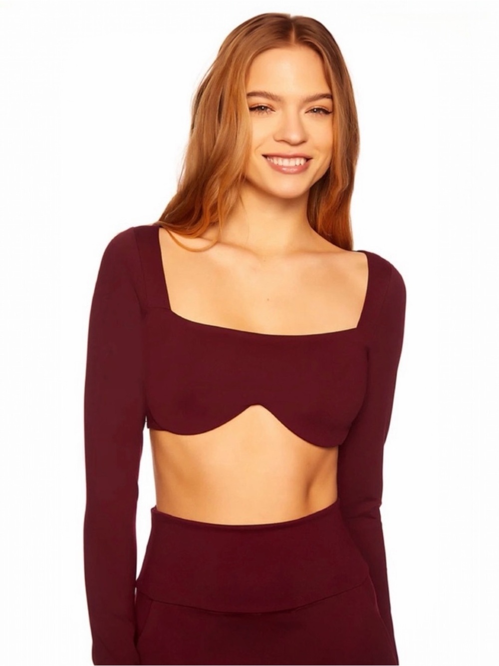 SUSANA MONACO • Reverse Sweetheart Long Sleeve Crop Top in Port